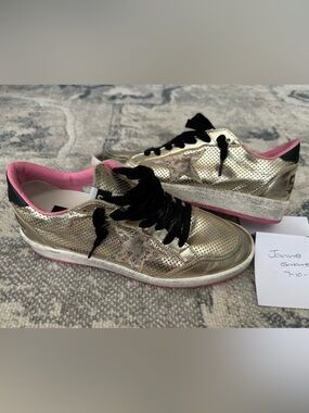 Golden Goose BallstarsMetallic Gold Sneakers with Pink Sole and Black Laces 37/7